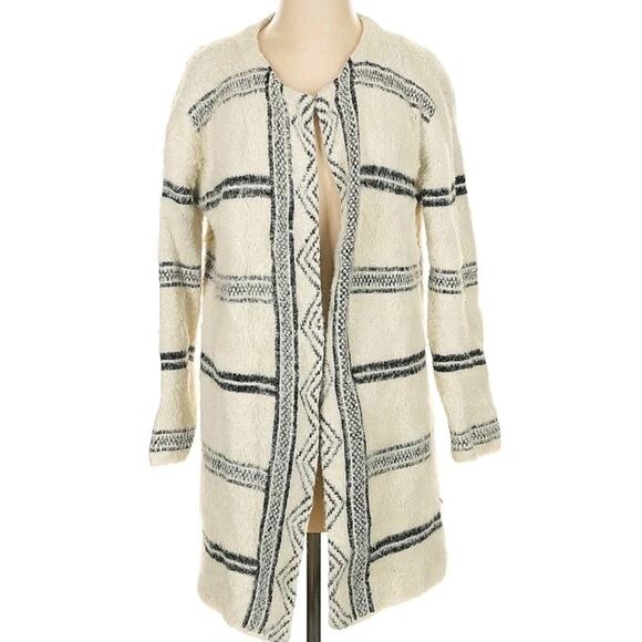 Anthropologie Solitaire Cream Striped Fuzzy Long Cardigan Sweater Size M Chunky - Picture 2 of 5